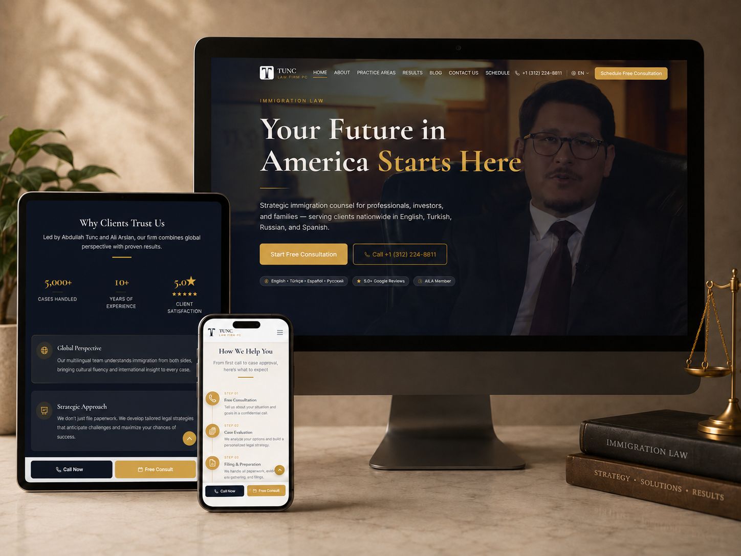 Tunc Law Firm website shown on desktop, tablet and mobile
