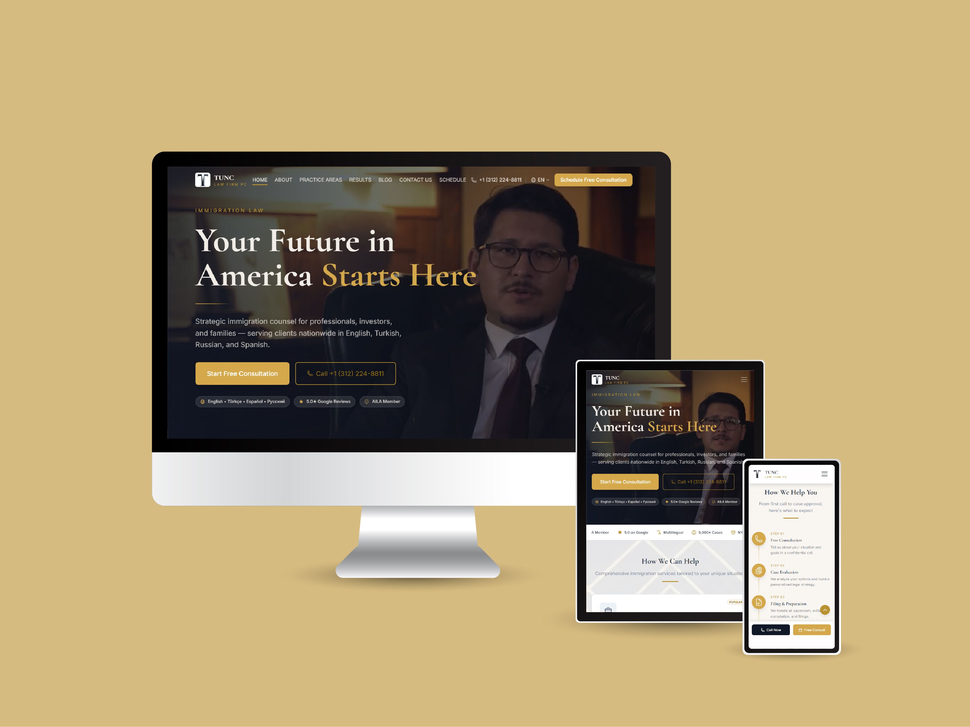 Tunc Law Firm homepage on a laptop screen