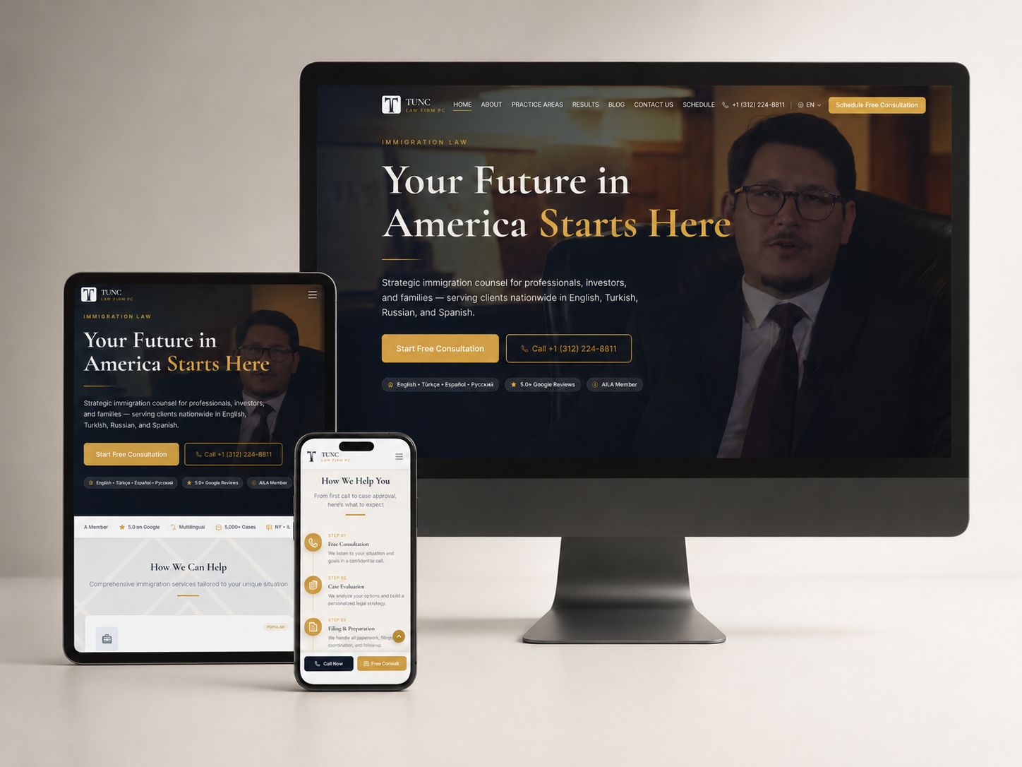 Tunc Law Firm service pages on mobile