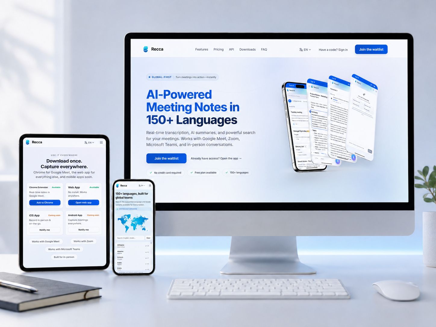 Recca AI product screens showing meeting transcription and pricing