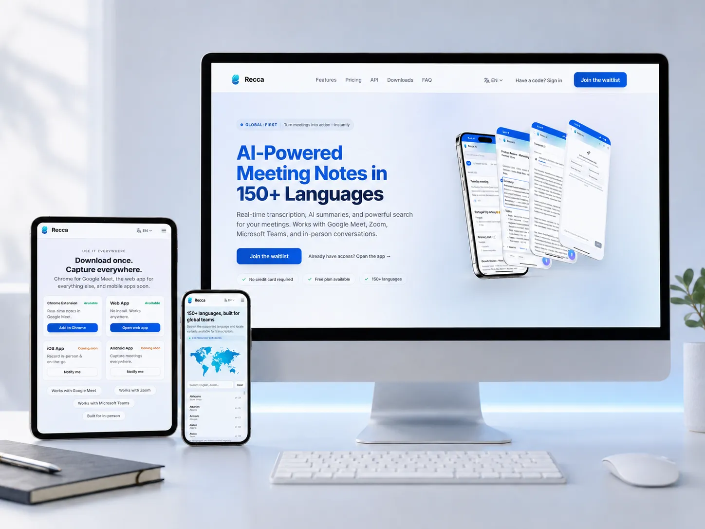 Recca AI product screens showing meeting transcription and pricing